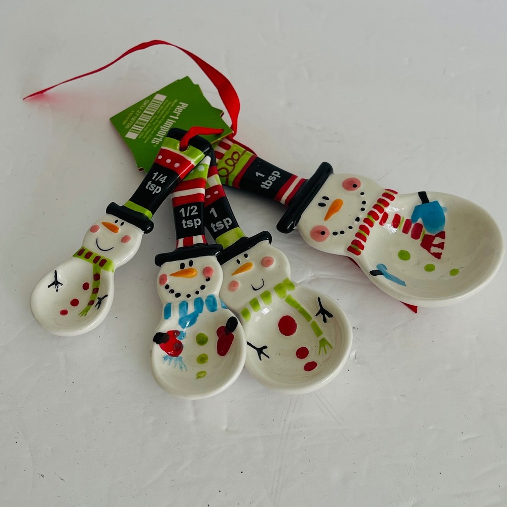 Pier 1 Imports Snowman Measuring Spoons Set 4pc Ceramic Christmas Holiday NWT